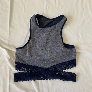 EUC - aerie Navy space dye high neck bralette w/ lace wrap around waist